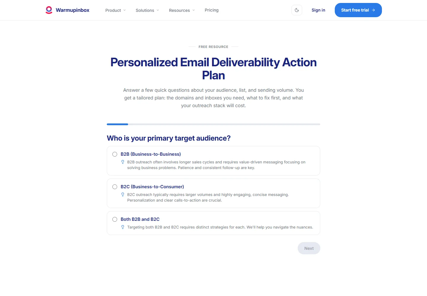 Deliverability action plan page on Warmup Inbox